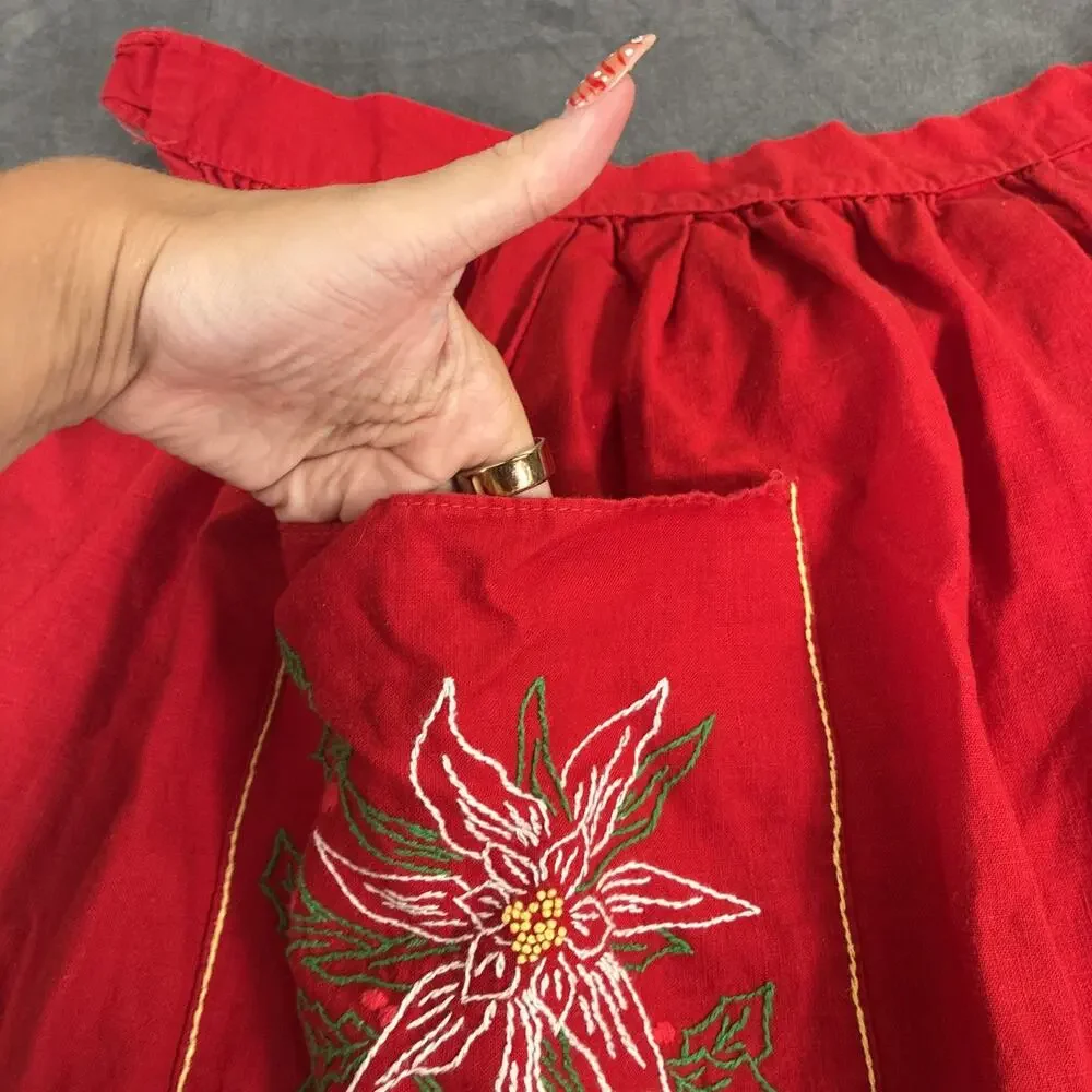 Vintage Lot of 2 Christmas Aprons, 1 Half, 1 Full Embroidered White & Red Chrty